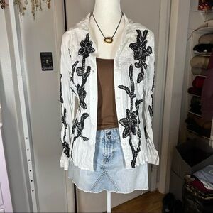 White and black floral embroidered button down